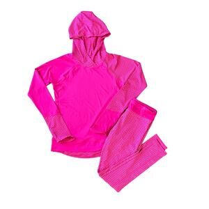 Girls L 10/12 Avia Hot Pink Stripe Long Sleeve Hooded Top Pants Athletic Set
